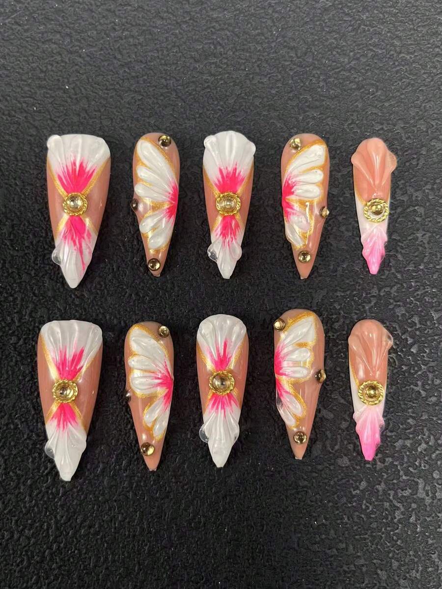 10 bucăți de unghii lucrate manual, flori, presare, unghii cu toc înalt subțire de 33 mm, gradient de unghii, pictate manual, tehnologie de sculptură tridimensională multicoloră, decorare multicoloră, insecte, multifuncționale, potrivite pentru femei, trei mărimi disponibile, potrivite pentru diverse ocazii, petreceri, dans și uz zilnic. - Multicolor - Vizualizare 1