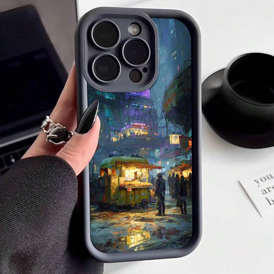 Cubierta de teléfono con diseño de ciencia ficción urbana color negro con estética neón y puesto de comida callejera futurista para uso diario y estilo moderno - Café integral - Ver 1