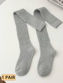 1双女士羊毛加厚保暖袜，纯色简约设计过膝袜，冬季保暖舒适袜