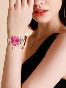 BAISHIQI 1pc Women's Fashionable And Minimalist Watch, High-Quality Quartz Stainless Steel Strap, Date, Luminous Hands, 3ATM Waterproof, Elegant Wo Gift+Free Steel Strip Cutting Tool+Free Box - Hot Pink - View 3