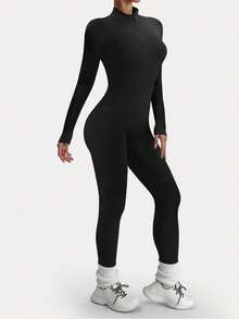 DINBEY Women's Solid Color Long Sleeve Zipper Jumpsuit - Body Sculpting, Hip Lifting & Tummy Control, Slim Fit For Yoga & Outdoor - Black - View 5