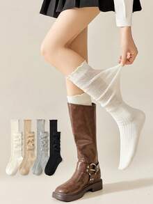 1pair/3pairs Random Lace Trim Calf Socks For Women, Autumn/Winter Japanese Style Mid-Calf Socks, Comfortable & Versatile To Pair With Boots - Multicolor - View 1