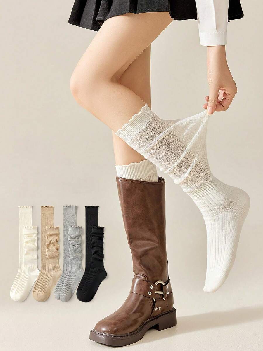 1pair/3pairs Random Lace Trim Calf Socks For Women, Autumn/Winter Japanese Style Mid-Calf Socks, Comfortable & Versatile To Pair With Boots - Multicolor - View 1
