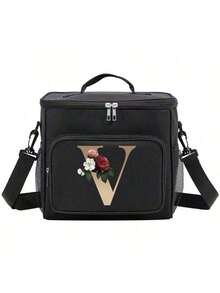 Insulated Lunch Box Bag Shoulder Canvas Bags Thermal Lunch Box Initial Name A To Z Gold Letter Flower Printing Large Capacity Tote Bag For Women's Portable Work Food Storage Handbags Cooler Box For Office School Picnic Camping Travel Lunch Bag Woman For Women Ladies School Supplies Stuff Accessories - màu đen - Xem 17
