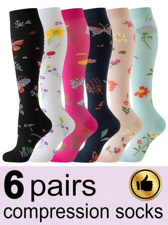 6双装女士压缩袜，花卉图案，透气高筒袜，适合跑步、健身、跳绳、骑行等运动，压缩袜