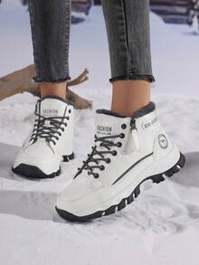 Botas de neve brancas femininas para o inverno, com sola de borracha antiderrapante, forro térmico, ideais para clima frio e neve, com zíper lateral, cano alto e estilo casual, perfeitas para o Halloween e o Natal.