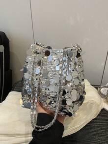 1pc Glitter Lightweight Durable Large Capacity Women's Crossbody Bag, Fashionable Versatile Party Bucket Bag Suitable For Party, Travel, Evening Events - Silver - View 7