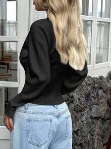 Y2K Style Sexy Solid Color Button Design Long Sleeve V-Neck Black Cardigan Sweater, Suitable For Spring, Valentine's Day And Back To School Season