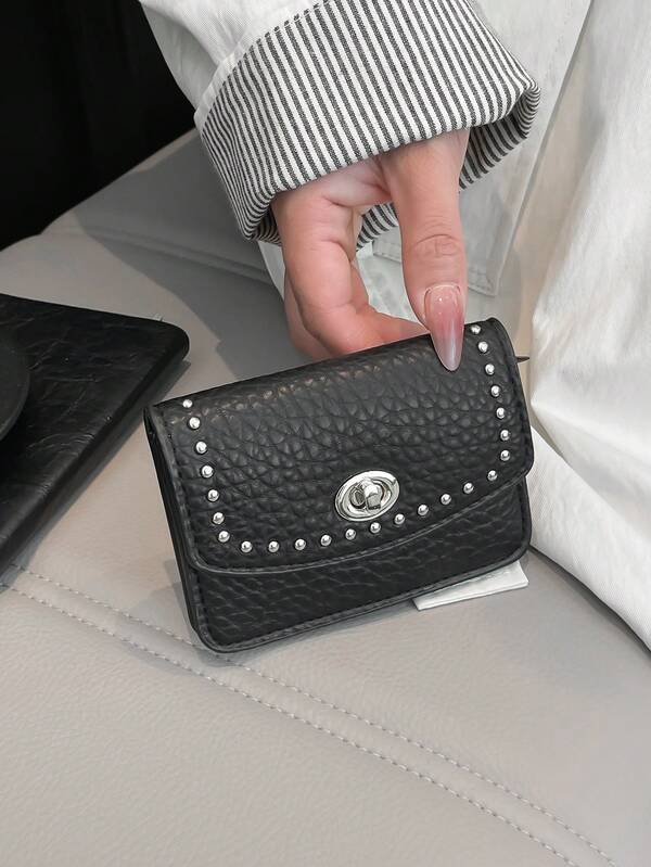 Women's Black PU Retro Studded Card Case Coin Purse - Fashionable Portable Wallet For Girls Office Commuting Essential Birthday Gift. For Women Mini Wallet Small Wallet Cute Wallet Card Wallet Coin Wallet Pouch