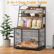 Caseta para perros de 145 cm con estantes y bandeja extraíble, caseta para perros de interior con 2 puertas y 2 comederos ajustables. - Marrón - Ver 3