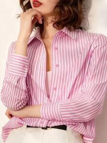 优雅条纹宽松衬衫，通勤风格字母刺绣翻领长袖衬衫，春夏秋季