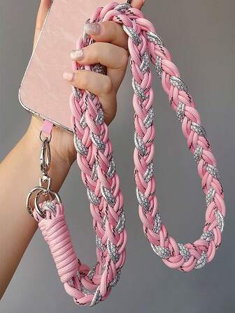 圣诞手机挂绳，手机挂带，六股马尾辫编织挂绳，简约长款斜挎肩带，侧边带扣，时尚户外防丢手机挂绳，1条银色编织心形环长款挂绳，手机防丢防盗挂绳，附赠记事本，适合送给妈妈们