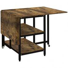 HOMCOM Folding Dining Table With Wheels 140x80cm For 2-6 People, 2 Shelves, Rustic Brown Steel - 1 - 查看 12