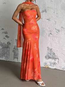 WOWDARK Women's Autumn Fashion Sexy Strapless Ribbon Mesh Printed Dress - Orange - View 3