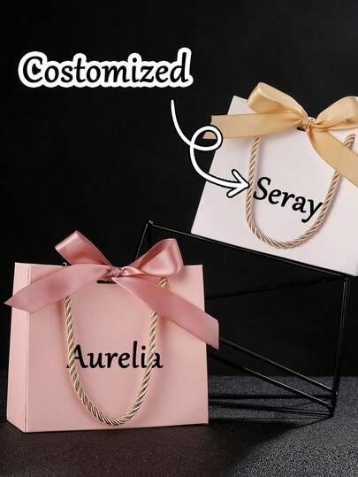 1pc Customized Text & Bow Decor Gift Bag, Festival Party Small Paper Gift Bag For Candy Snack, DIY Party Folding Small Gift Bag, Elegant Candy Box, Multi-Functional, Ornamental,Reusable,Exquisite,Stylish,High-Quality,Colorful,Modern,Custom,Personalized,Unique,Ideal Gifts For Him,