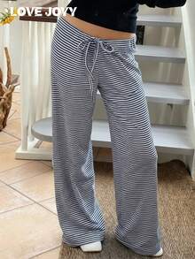 LOVE JOYY Women's Striped Color Block Knotted Casual Loungewear Set With Wide Leg Pants