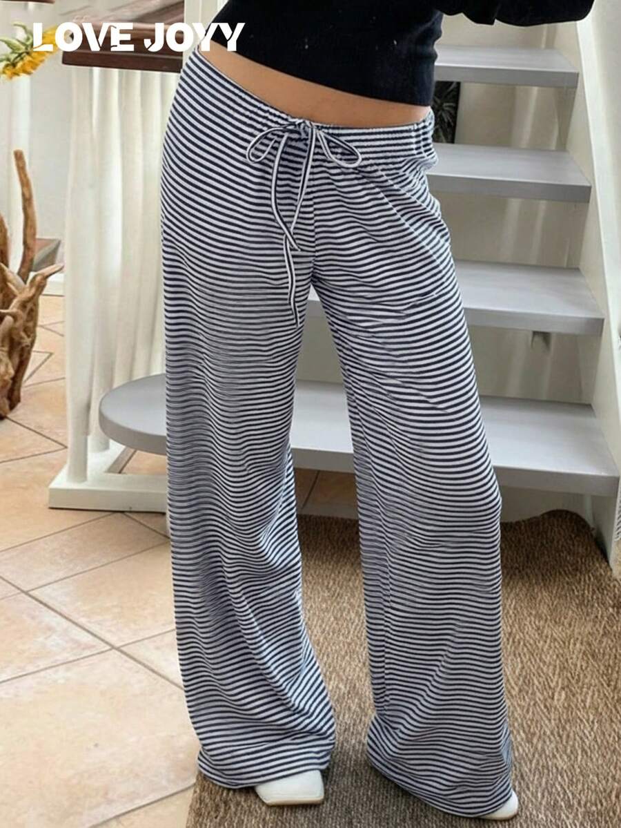 LOVE JOYY Women's Striped Color Block Knotted Casual Loungewear Set With Wide Leg Pants