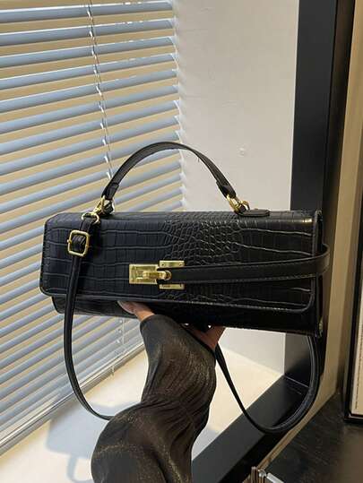 حقيبة بوكيت جديدة لخريف وشتاء 2025 بلون أحادي بسيط وكلاسيكي، حقيبة كتف كبيرة السعة مع قفل، حقيبة مسائية للنساء، حقيبة يد مربعة من جلد البو مطبوع بنقشة التمساح بلون أحادي، حقيبة أنيقة مناسبة للمناسبات الرسمية وغير الرسمية