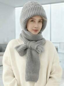 1 peça de gorro de malha texturizado de poliéster de cor sólida com protetor de pescoço e orelha, gorro quente 3 em 1, melhor presente para a mãe no inverno, acessórios de inverno, roupas de inverno