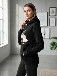 Sudadera con capucha informal con estampado de gatito de talla grande para mujer, para uso diario en casa, estilo deportivo sencillo. - Negro - Ver 4