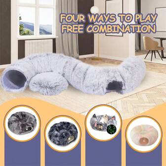 1 pieza Cama/Túnel plegable de peluche para gato con colchoneta suave, nido portátil para gato