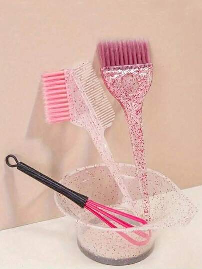 4件套亮泽美发造型套装，包括染发梳、染发刷、单头软毛透明珍珠刷、染发搅拌棒和挑染碗