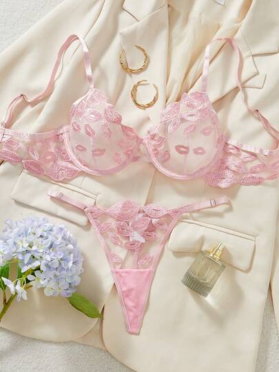 Women Verleidelijke Lingerie Set, Roze Kanten BH Mesh Lip Embroidery, Underwire Adjustable String Panty, Intimate Apparel Couple Date