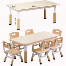 Conjunto moderno de mesa y 6 sillas para niños, mesa regulable en altura de 47,2 pulgadas para niños pequeños con juego de 6 sillas, patas antideslizantes y escritorio con grafiti organizador, mesa de arte y manualidades para actividades preescolares - Marrón - Ver 2