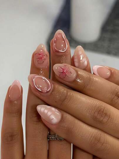 24pcs Short Almond-Shaped Nail Stickers, Pink French Manicure, 3D Line Art Floral Pattern, Decorated With Flowers And Beads, Sweet Style, Full Coverage, Suitable For Women, Girls For Daily, Date, Party, Valentine's Day And Other Occasions Nails Nail Supplies