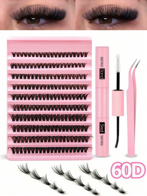 DIY Eyelash Extension Kit 200pcs Individual Lashes Cluster D Curl, 8-16mm Mix Lash Clusters With Lash Bond And Seal And Lash Applicator Tool For Self Application At Home (60D-0.07D-8-16MIX KIT)Lash Clusters Kit,Lashes,Eyelashes,Fake Lashes