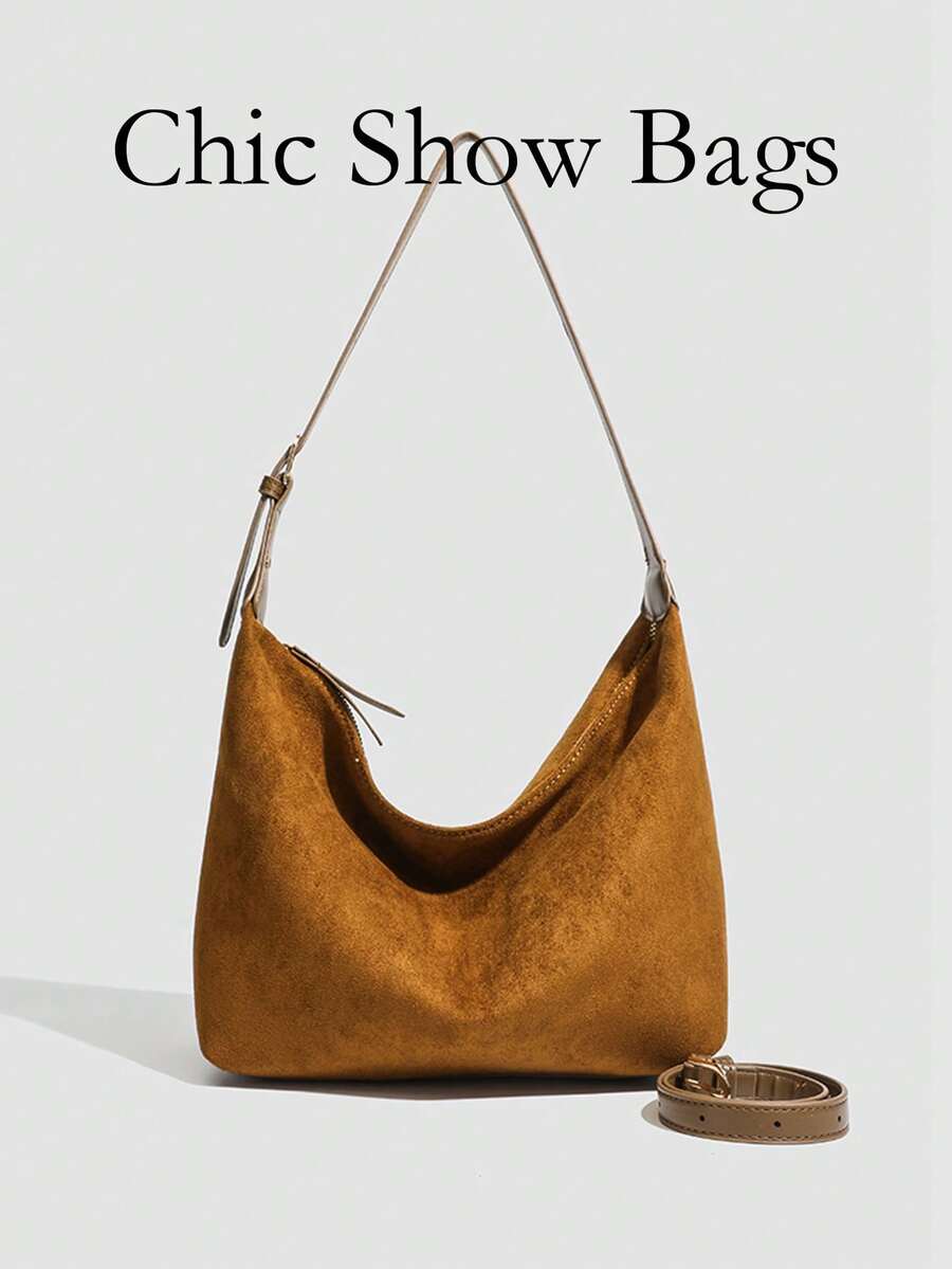 韩版秋冬麂皮单肩水桶包手提斜挎包女包，适合女性日常通勤，适合各种场合及节日送礼 - 棕色 - 查看 1