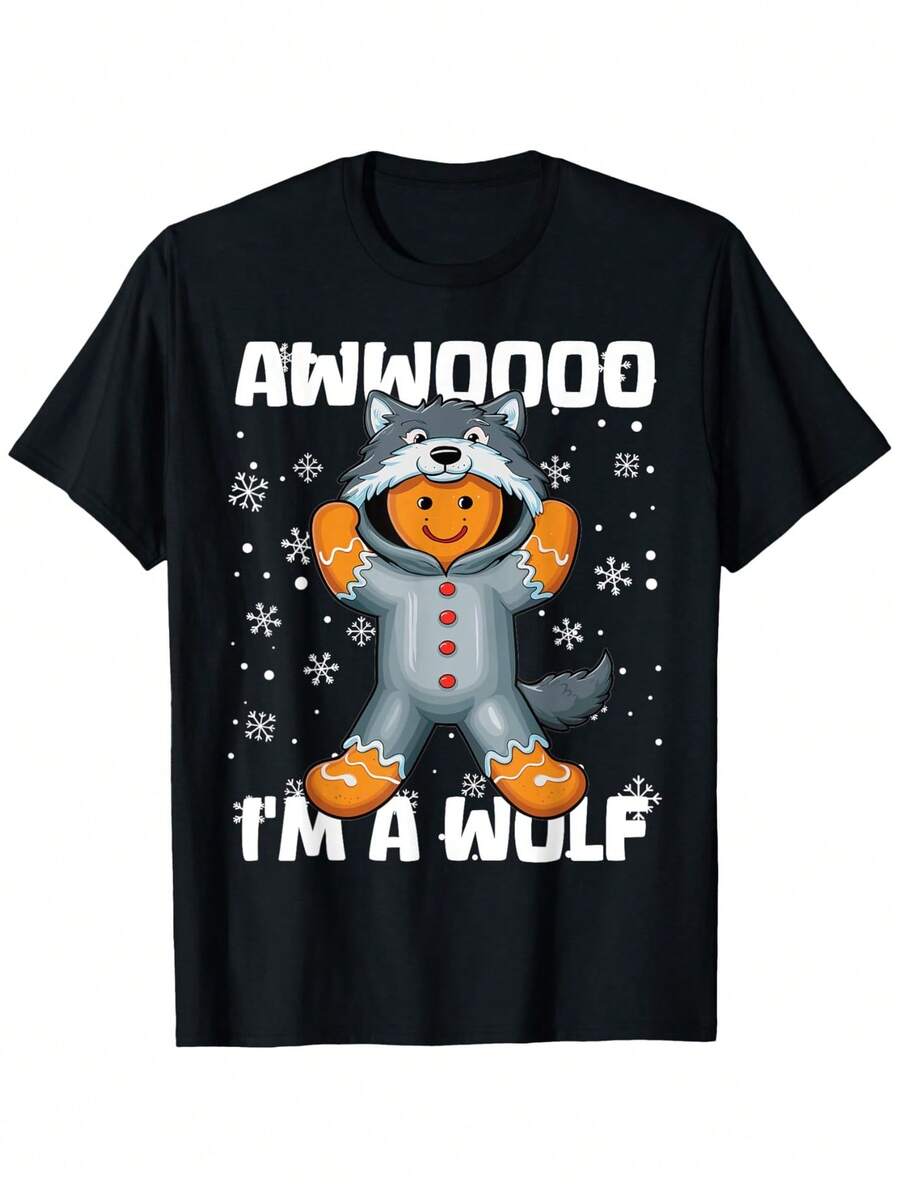 Camiseta navideña "Soy un lobo" para hombres y mujeres, 100% tela suave y transpirable, diseño de lobo y copo de nieve con botas rojas, lavable a máquina, atuendo de fiesta, ropa casual para todas las estaciones, regalo divertido de Navidad para hombres y mujeres - Negro - Ver 1
