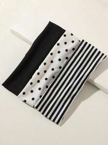 3pcs Black & White Polka Dot + Striped Elastic Sweatband, Suitable For Daily Life, Yoga, Workout, Travel, Women Hair Accessories Headbands For Women Fashion Head Wrap, School Stuff, College Autumn Accessories Women Hair Band Fall Winter For Vacation Outfits Woman Elegant Scarf Women Bandana Soft Headwrap - 黑與白 - 查看 1
