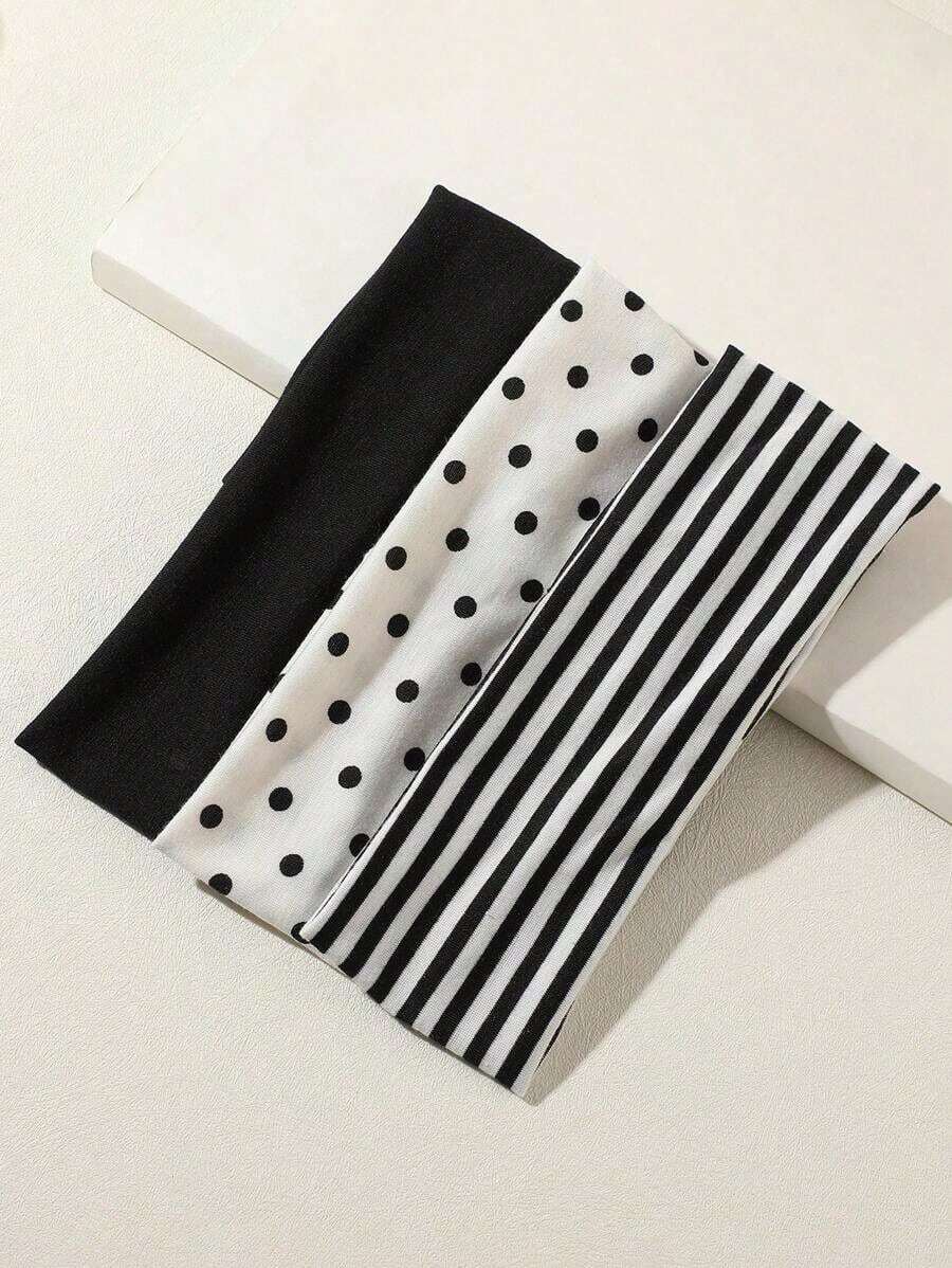 3pcs Black & White Polka Dot + Striped Elastic Sweatband, Suitable For Daily Life, Yoga, Workout, Travel, Women Hair Accessories Headbands For Women Fashion Head Wrap, School Stuff, College Autumn Accessories Women Hair Band Fall Winter For Vacation Outfits Woman Elegant Scarf Women Bandana Soft Headwrap - 黑與白 - 查看 1