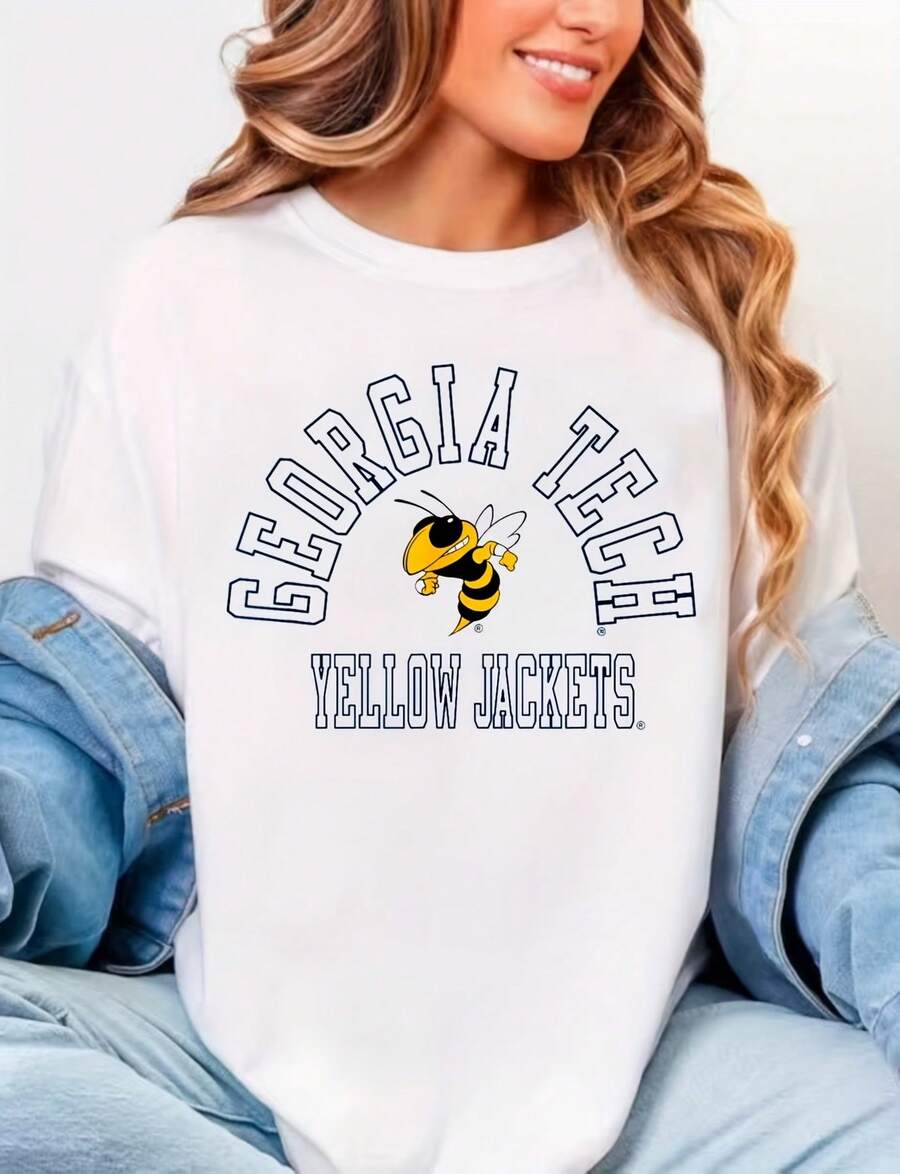 Georgia Tech Yellow Jacke Mascot Officially Licensed T-Shirt220G Heavyweight 100% Cotton T-Shirt. With Butterfly Print Pattern, Suitable For Girls And Wo's Short Sved Round Neck Inspirational Shirt, Cute Aesthetic Y2K Style Summer Top, Suitable For Outdoor, Family, Work Or Street Wear Casual Loose Daily T-Shirt - trắng - Xem 1