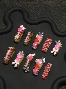 10-Piece Handmade Dark Sweet-Cool Pipe-Shaped False Nails Handcrafted With A Skeletal-Texture Base (Rib/Muscle Details), Paired With Pink Hearts, Bows & Flowers For A Bold "Dark + Sweet" Contrast. Rich In Red/Green/Pink Hues (Eye-Catching Visual Conflict) + 3D Resin Accents (Buttons, Butterflies) & Glossy Lacquer For Vivid 3D Texture. Nail Supplies - 彩色 - 查看 4