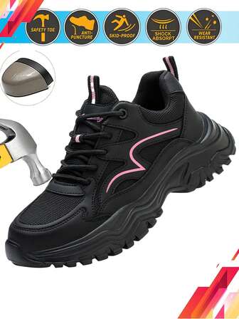 Dian Sen 一双男女通用钢头鞋，带旋转按钮，轻便透气，安全鞋结构防滑，复合材料鞋头，时尚双色粉色，可爱配色，安全训练运动鞋，圣诞礼物