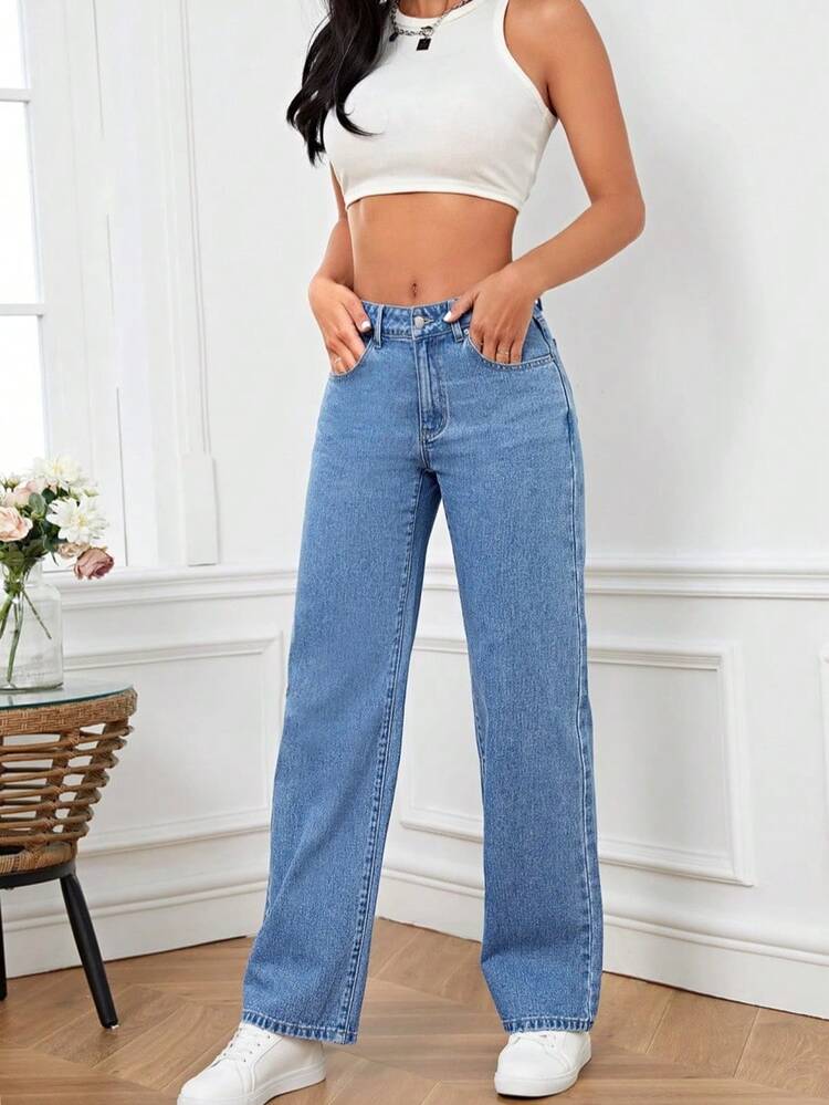 Jeans de mezclilla de pierna recta de alta elasticidad para mujer con bolsillos, estilo largo e informal, perfectos para todas las estaciones. - Azul lavado oscuro - Añade 5