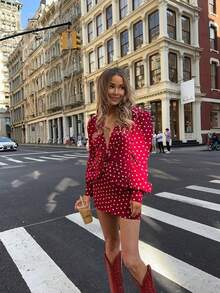 2pcs/Set Valentine's Day Polka Dot Long Sleeve Ruffle Blouse & Skirt Suit For Women Spring - Red - View 3