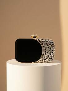 Small Gold Rhinestone Embellished Evening Clutch Bag, Metal Handle Party Handbag, Wedding Bridal Purse, Chain Shoulder Bag - Black - View 9