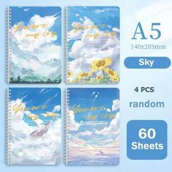 4pcs/Set A5 Spiral Notebook, Creative Cute Cartoon Student Notebooks, Thick Lined Easily Torn Pages