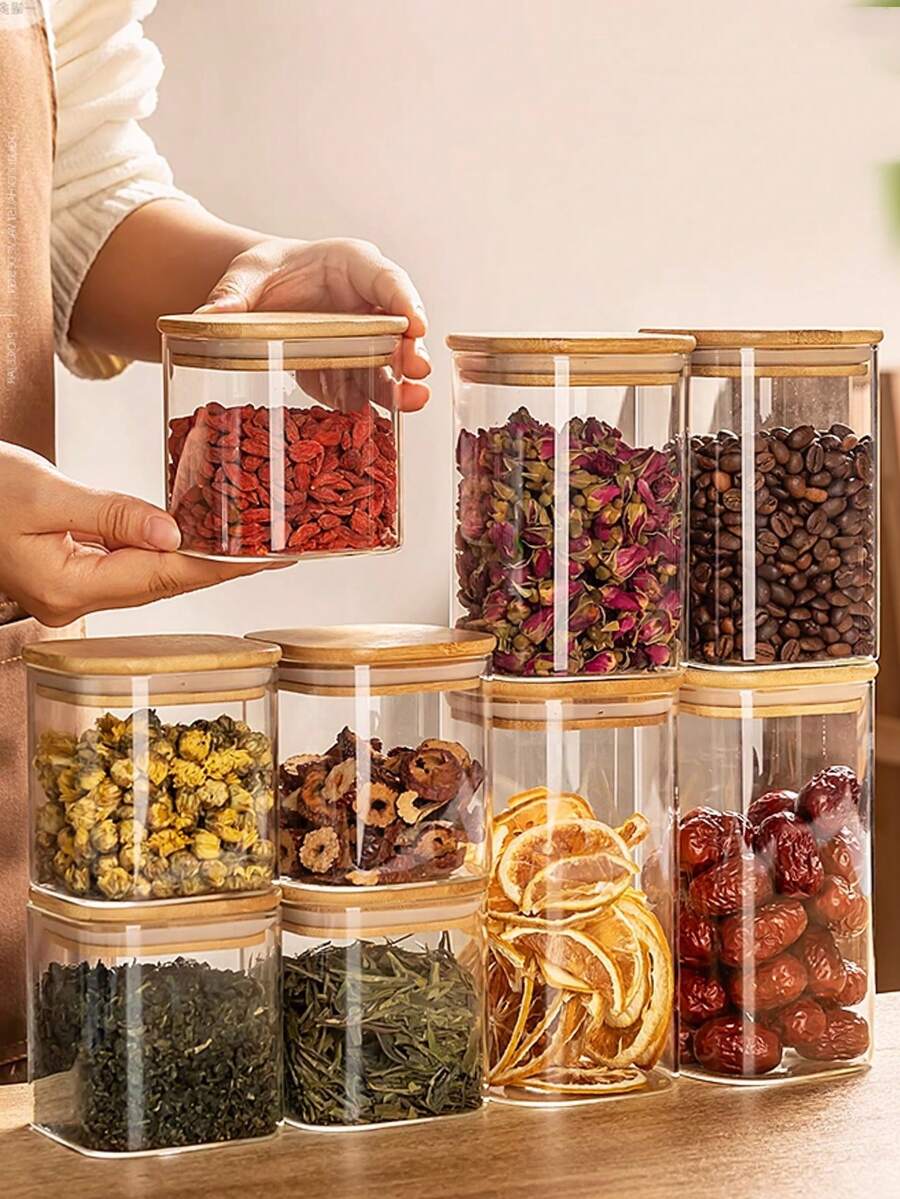 1PC Bamboo Cover Glass Container Jars For Coffee Spices Glass Jar Spice Jars Kitchen Containers Bottle Storage Organization - Multicolor - View 1