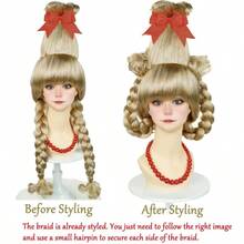 Blonde Braided Wig With Red-Bow Earrings Christmas Cindy Wig With Accessories For Halloween Christmas Costume Party - 金髮辮子 - 查看 3