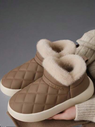 2025 Winter New Women's House Slippers, Thickened Lining, Size Runs Small, Suggest Ordering One Size Up. Women's Monolithic Fluffy Warm Casual Chunky Sole Slip-On Shoes, Pink Rhombus Pattern Design, Faux Fur Waterproof Indoor/Outdoor Comfortable All-Match Warm Shoes, Fluffy Collar, Lightweight Warm Soft Sole And Insole