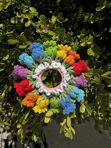 1个手工钩编铃兰发圈，针织发绳，女士保暖发饰，马尾辫发圈，弹性发圈，秋冬季发绳，发圈，橡皮筋发带，头饰 - 彩虹色 - 查看 4