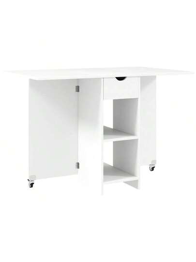 HOMCOM Folding Dining Table, Mobile Kitchen Tafel People Open Shelves, Drawer, Small Spaces, 114.5 70 75, Wit