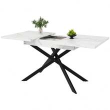 Telescopic Dining Table (120-160*80cm), Extendable Dining Table, Space-Saving Kitchen Table, Black Crossed Iron Legs, For Kitchen And Living Room, Walnut Color Dining Table - 白色+黑色+MDF+金屬 - View 11