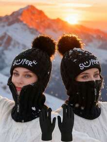 1 pieza Conjunto de gorro de punto y guantes de punto con protección de oreja, unisex, de moda casual y cálido para otoño/invierno, adecuado para uso diario, viajes al aire libre, senderismo, esquí, ciclismo, escalada, decoración de otoño