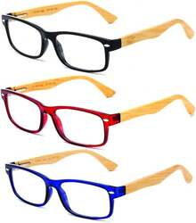 Lens Rectangle Frame Non Prescription Glasses - Fashion - 3 件裝竹子,黑色,藍色和紅色 - 查看 2