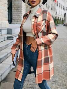 Chaqueta Holgada A Cuadros Para Mujer, Abrigo Camisa Larga De Manga Larga Con Botones Delantetos - Naranja - Ver 3